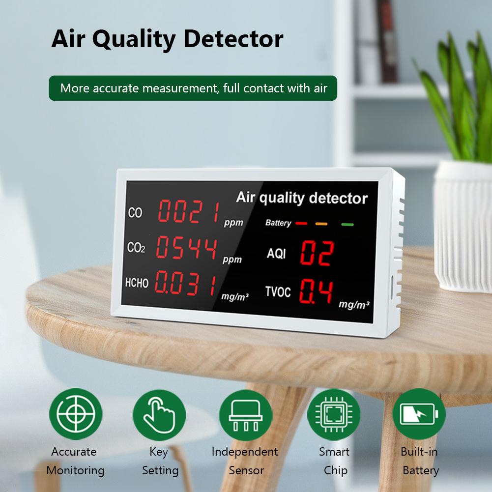 W17 5 in 1 Indoor Air Quality Monitor Rechargeable CO CO2 HCHO TVOC AQI Detector