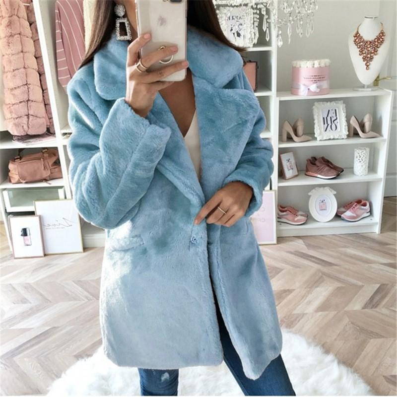 Womens Faux Fur Coat Plush Lapel Slim Fit Mid-Length Jacket Office Commute