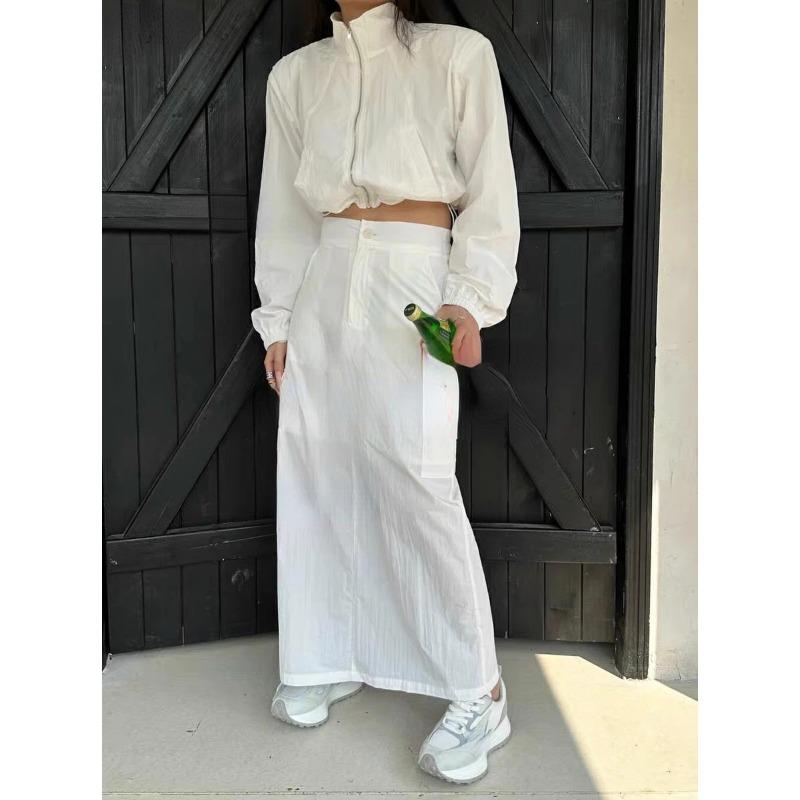 2024 Spring High Waist Button Long Skirt Short Long Sleeve Sports Coat Two Piece Set Women Solid Casual Shirt Y2k 2 Pieces Set