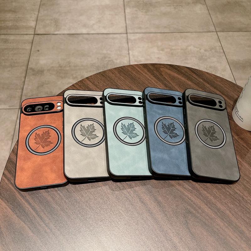 Leaf Pattern Leather Wireless Charge Magnetic Case For Google Pixel 9 Pro XL 8A 8 Pro 7A 7 Solid Color TPU Soft Shockproof Slim Matte Phone Cover