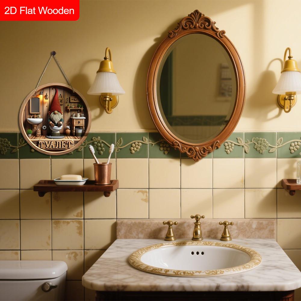 Lodge Style Russian Wooden Bathroom Sign with Gnome Pattern - Rustic Decorative Plaque with Toilet Themed - Ideal Hanging Ornament for Toilet Decor