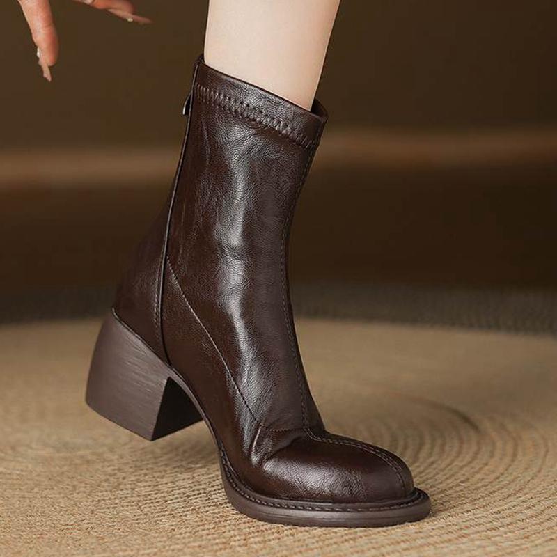 Krazing Po Microfiber Winter Round Toe Size 33 Western Boots Size 43 Zipper Thick High Heels Pleated Decoration Ankle Boots