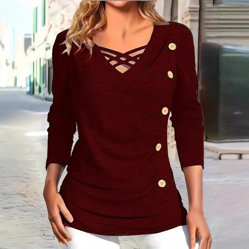 YYFS Women's Fashion Casual Spring Autumn Solid Color Print Long Sleeve V-Neck Blouses & Shirts