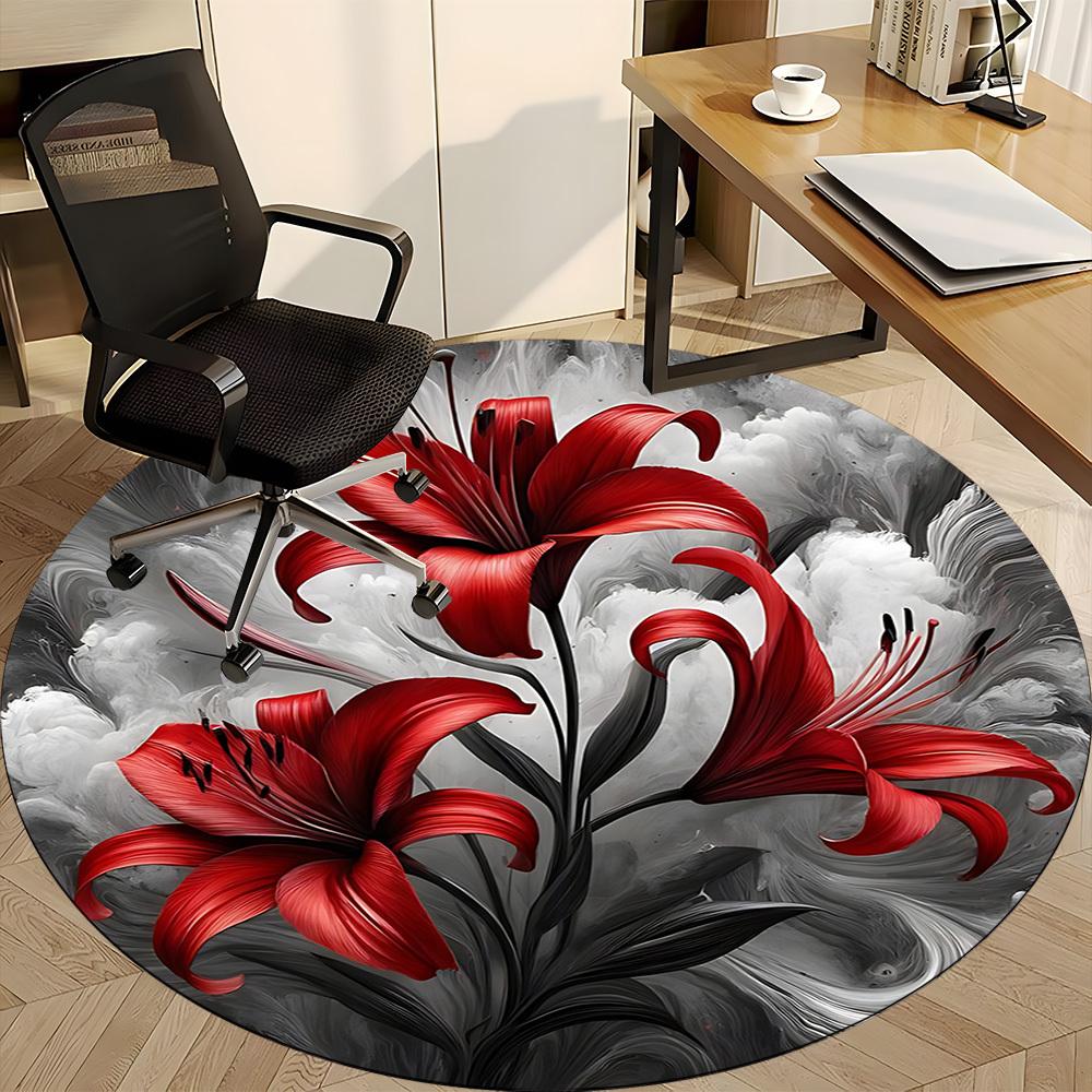 1pc Red Lily Flowers Carpet for Office Non-Slip, Round Carpet, Soft & Comfortable, Carpet for Office, Lightweight Round Floor Mat
