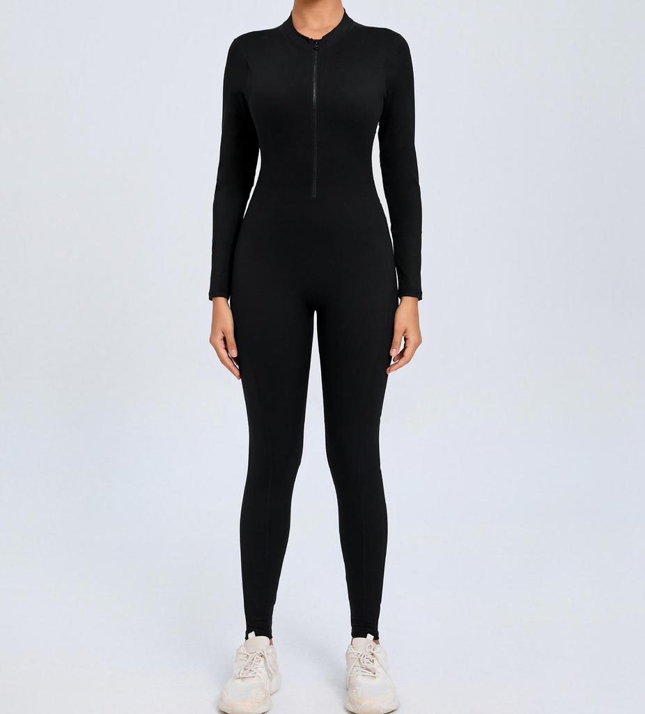 Europäischer & Amerikanischer Yoga-Jumpsuit mit Reißverschluss und langen Ärmeln - Damen Fitness-Body mit Nude-Feeling