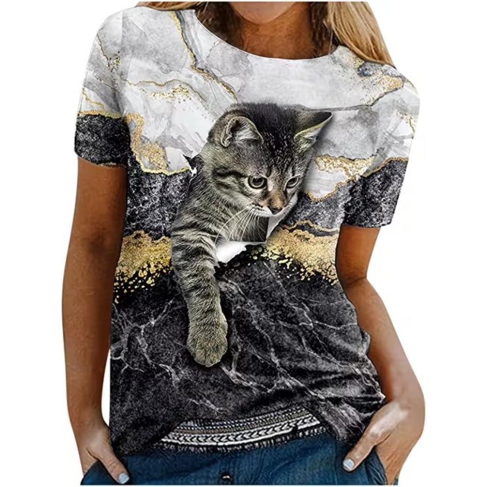 Maglietta da donna alla moda con stampa di gatto carino, divertente, casual, con scollo a V e maniche corte, estiva.