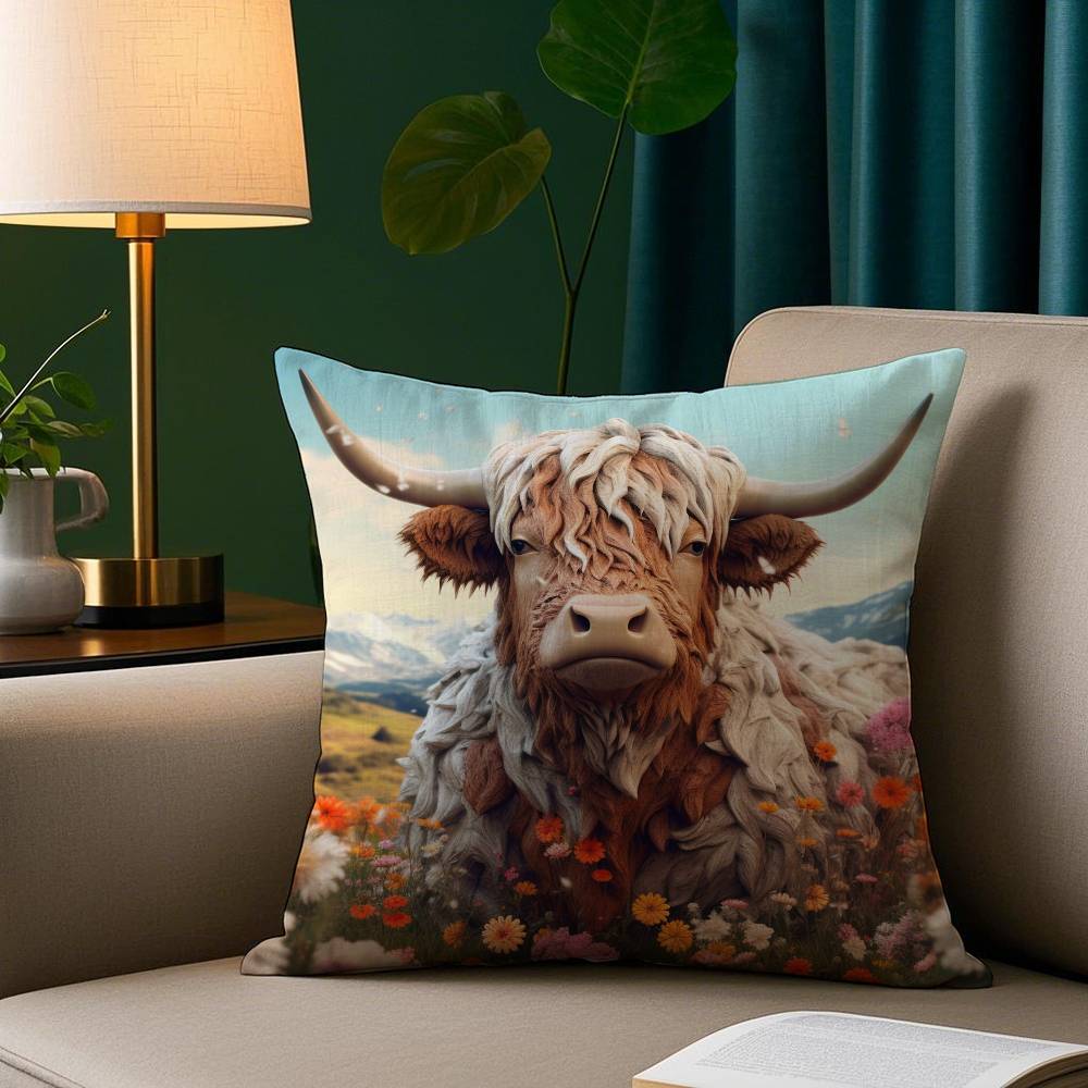 Vibrant Highland Cow Pattern Pillow Case Short Plush Print Cushion Cover Square Throw Pillow Covers Sofa Home Decor