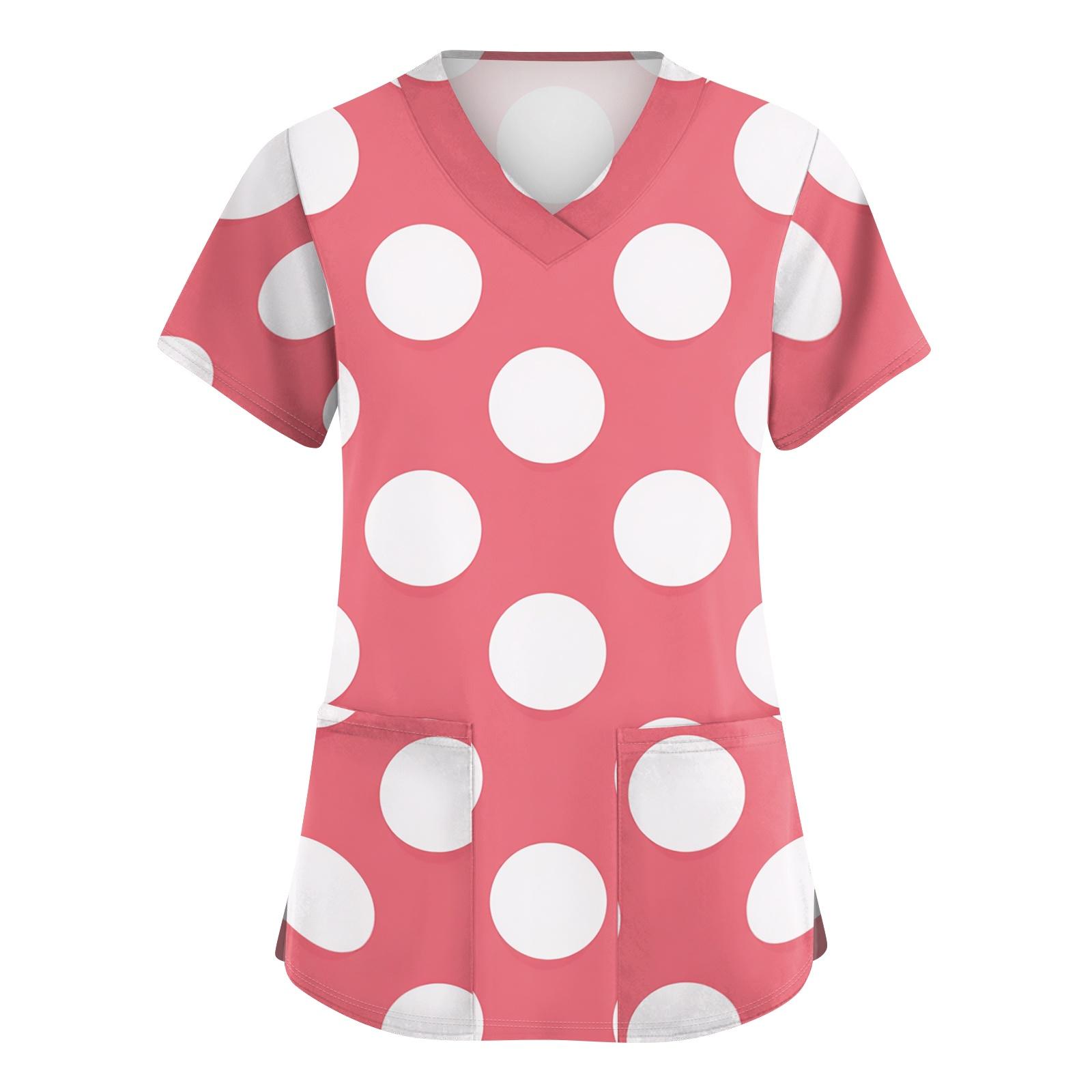 Women s Polka Dot V-Neck Scrub Top - Short Sleeve with Double Pockets and Side Slits S