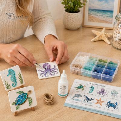 Odolný Plážový Styl Řemesla DIY Mořské Sklo Umění Mozaika Sada, Řemeslná Sada s Tématem Mořských Zvířat pro Dospělé, Sada pro Začátečníky, Balíček Materiálů pro Ruční Výrobu Pobřežní