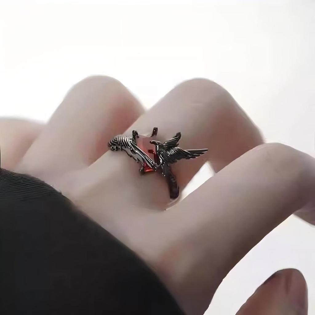 New Dark Style Punk Style Versatile Crow Ring Fashionable Opening Adjustable Index Finger Ring Red Zircon Heart Thorn Crow Rings