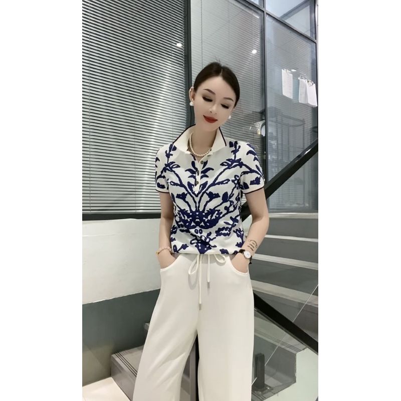 

Lo Shirt Модная женская одежда Приталенный топ с короткими рукавами и принтом Blue and White L