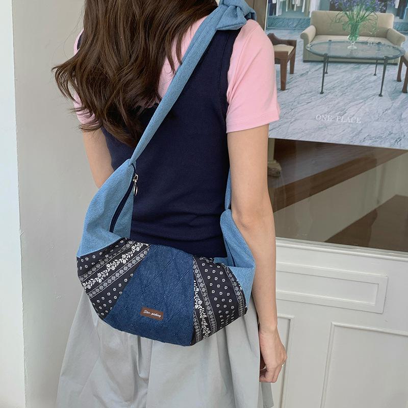 Retro Denim Patchwork Croissant Shoulder Bag – Color Block, Spring Style