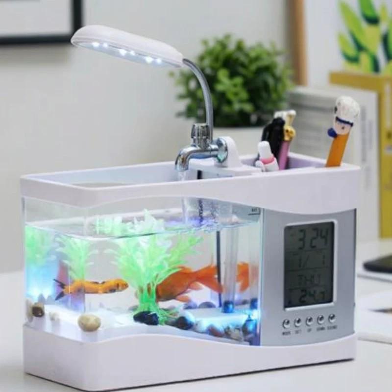 Creative USB Mini Fish Tank with Desk Lamp & Pen Holder - Perfect Birthday Gift