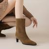 Krazing Pot Cow Suede Nubuck Autumn Winter Shoes Thick High Heels Big Size 43 Modern Boots Square Toe Keep Warm Slip on Mid-calf Boots
