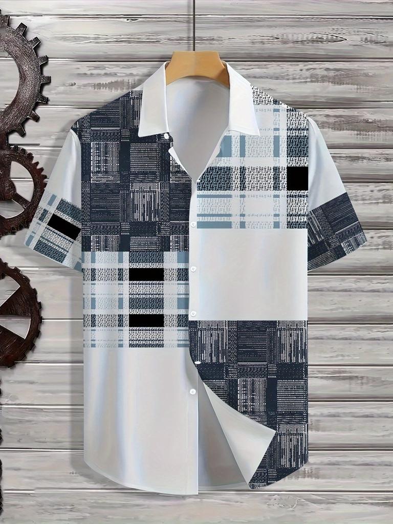 Printed Design – Not Textured Men's White, Blue, and Black Patchwork Plaid Short-Sleeve Shirt Casual Lapel Cardigan Top
