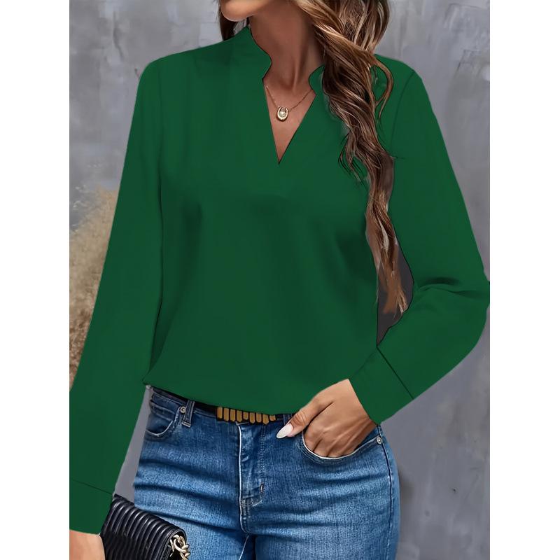 Simple Casual Solid Color V-Neck Loose Shirt Top Women