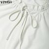 VONDA Women Casual Stand Collar Solid Color Long Sleeve Drawstring Waist Blouse Shirts