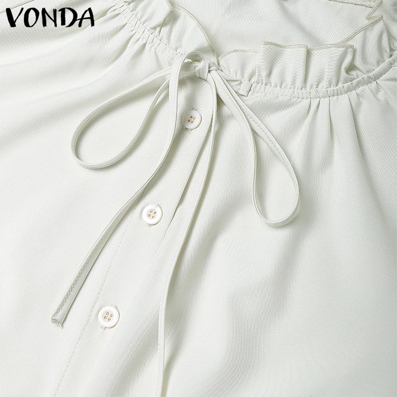 VONDA Women Casual Stand Collar Solid Color Long Sleeve Drawstring Waist Blouse Shirts