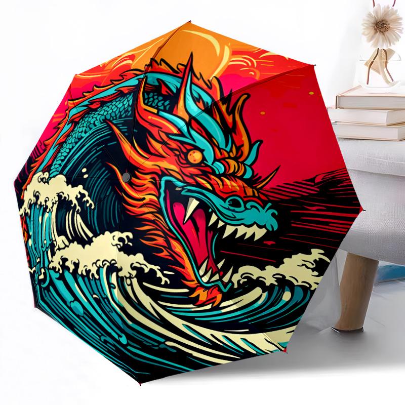 Enchanted Dragon Fantasy Outdoor Automatic Umbrella Compact 8-Rib Design Durable Plastic & Iron Travel Essential Fashionable Accessory Spiritual Gift