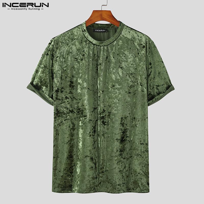 

INCERUN/летние мужские базовые футболки с коротким рукавом, облегающие бархатные повседневные свободные футболки с мокрым эффектом, большие размеры