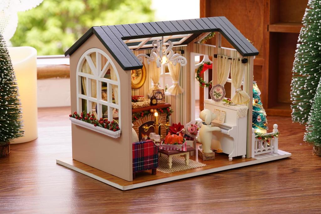 CUTEROOM Wooden Miniature Dollhouse DIY Kit for Beginners: Includes Music Box, LED Lights, and Dustproof Cover - Angelic Music and Snowy Miniature Hou
