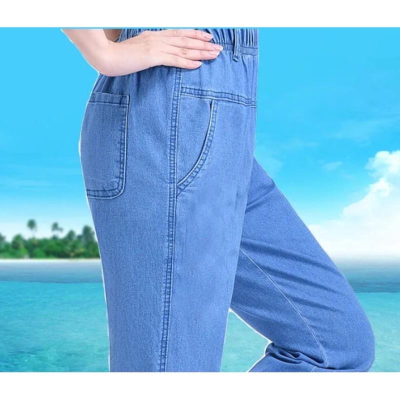 Women's Spring Summer Thin High-waist Jeans Mother Elastic Waist Female Casual Trousers Denim Nine Branch Pants