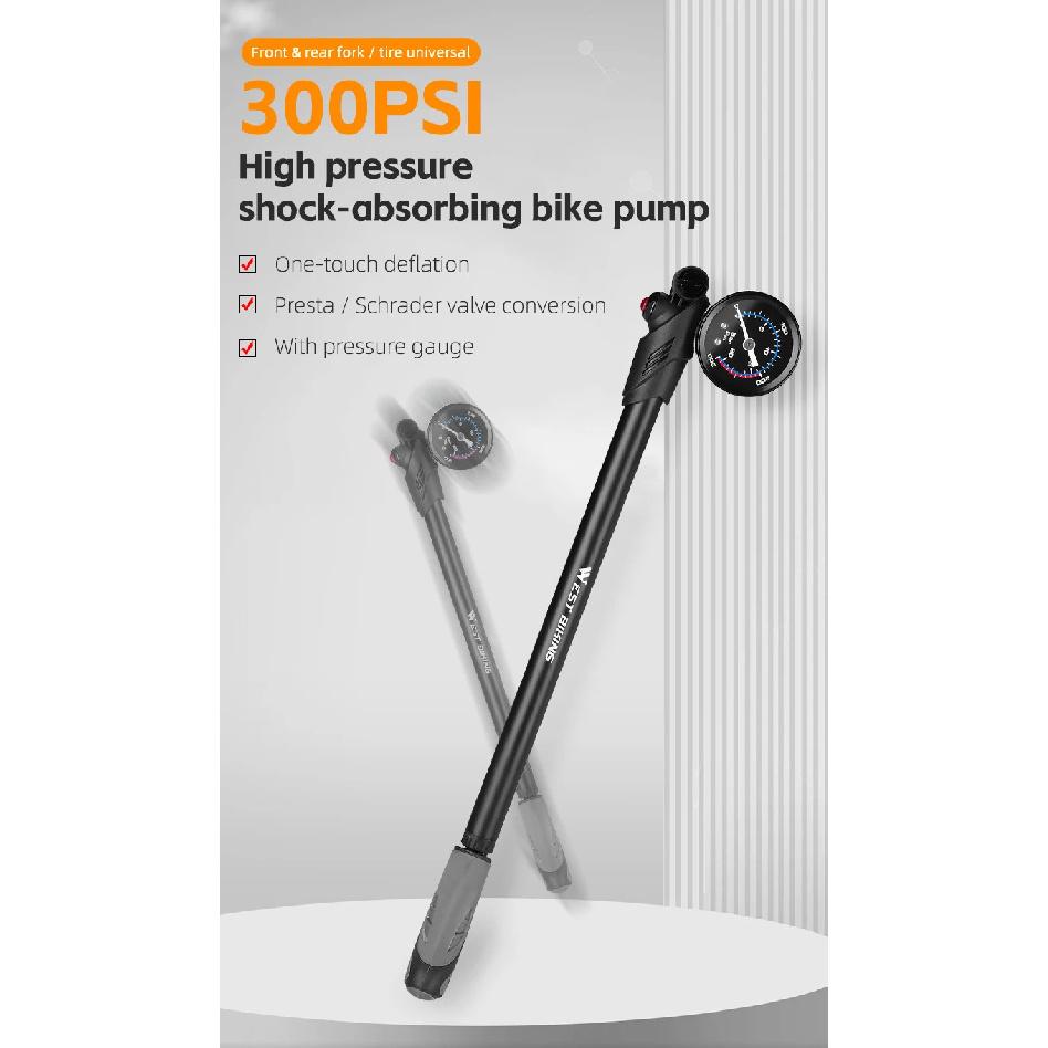 WEST BIKING Portable High-pressure 300psi Bike Air Pump with Gauge for Fork & Rear Suspension Shock Absorber Mountain Bicycle
