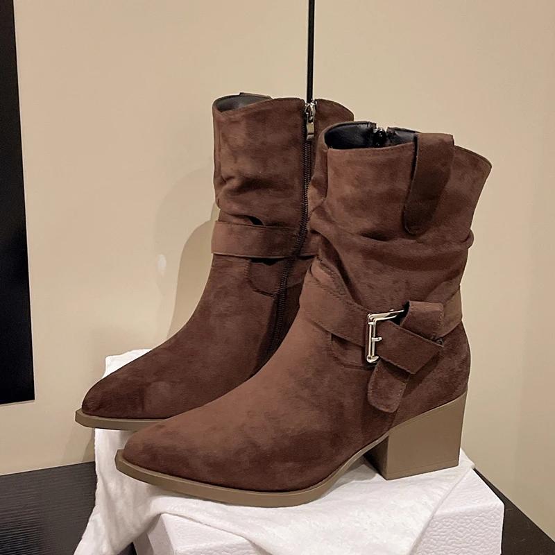 Botki damskie na wysokim obcasie Modne buty z czubkiem Grube markowe buty zimowe Szpilki Nowy trend Sukienka Mujer Botas