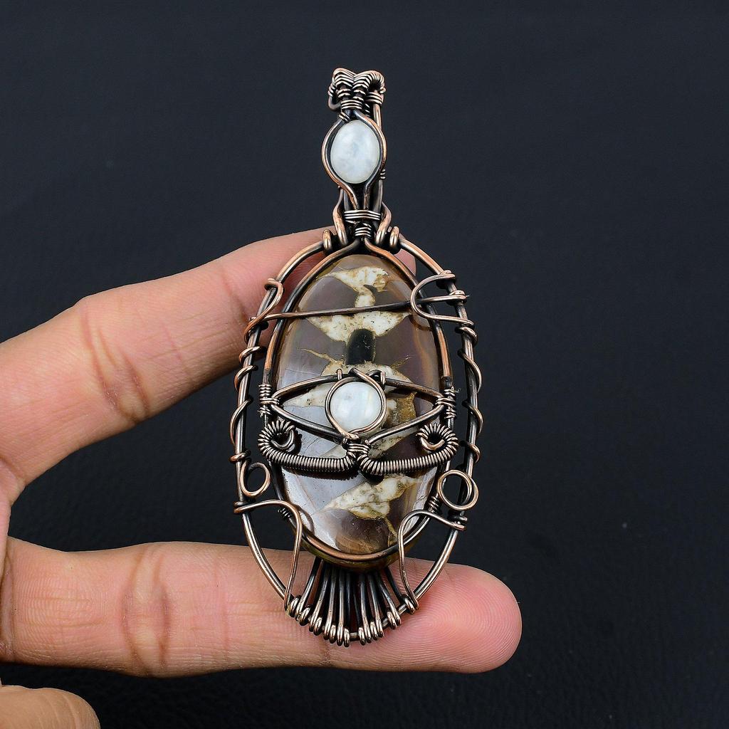 Mud Crack Fossil Pendant, 999 Copper Wire Wrapped Gemstone Jewelry, Handmade Tree Of Life Pendant, For Thanksgiving