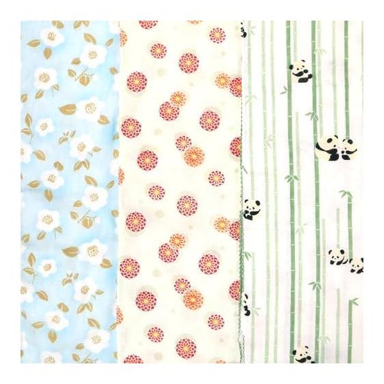 Cluster Japanese Tenugui Towel Set - Double Layered, Wasai Gauze, Fray-Resistant, Panda & Camellia Print, 3-Piece Set, 100% Cotton Gauze,