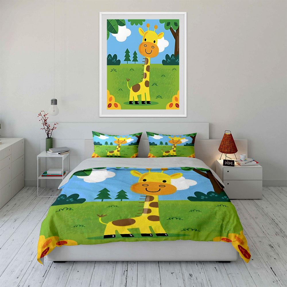"Cartoon Giraffe Jungle Set" kid's and adults' bedroom decor, Exquisite three-piece bedding set gift