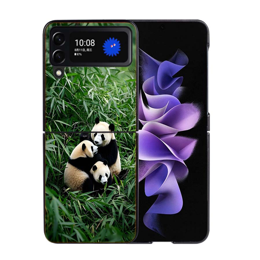 Panda Baby, Giant Panda Family Phone Case For Samsung Z Flip 7 6 5G Galaxy Z Flip4 Z Flip5 Z Flip3 Coque Black Hard PC Shell Pro