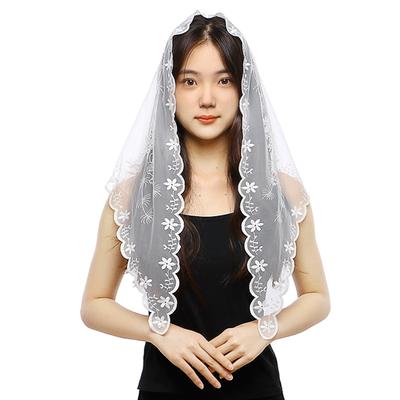 Neuer Dreiecksschal Spitze Schleier Transparent Floral Schals Kirche Gebet Weiß Bestickt Hijab Schals Damen Muslimische Hochzeit Turban