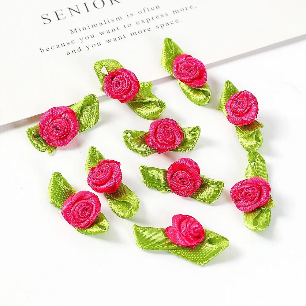 50/100PCS Mini Handmade Rose Flower Satin Ribbon Rosettes Fabric Appliques For DIY Wedding Decoration Craft Sewing Accessories