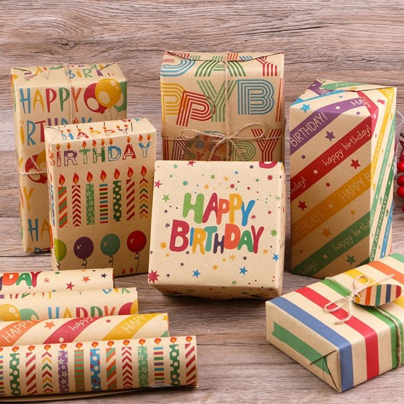 Birthday Gift Wrapping Paper Set Unique Birthday Gift Patterned Wrapping Paper with Tape Card and Straw Rope