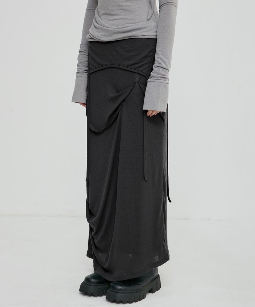 Peulleeoeob Asymmetrical Draped Long Skirt (Fl-263_Black)