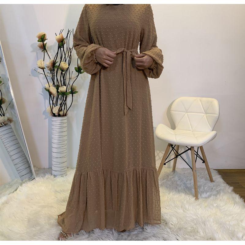 

Fashion Women s Stitching Long-sleeved Belt Big Swing Dress Brown L
