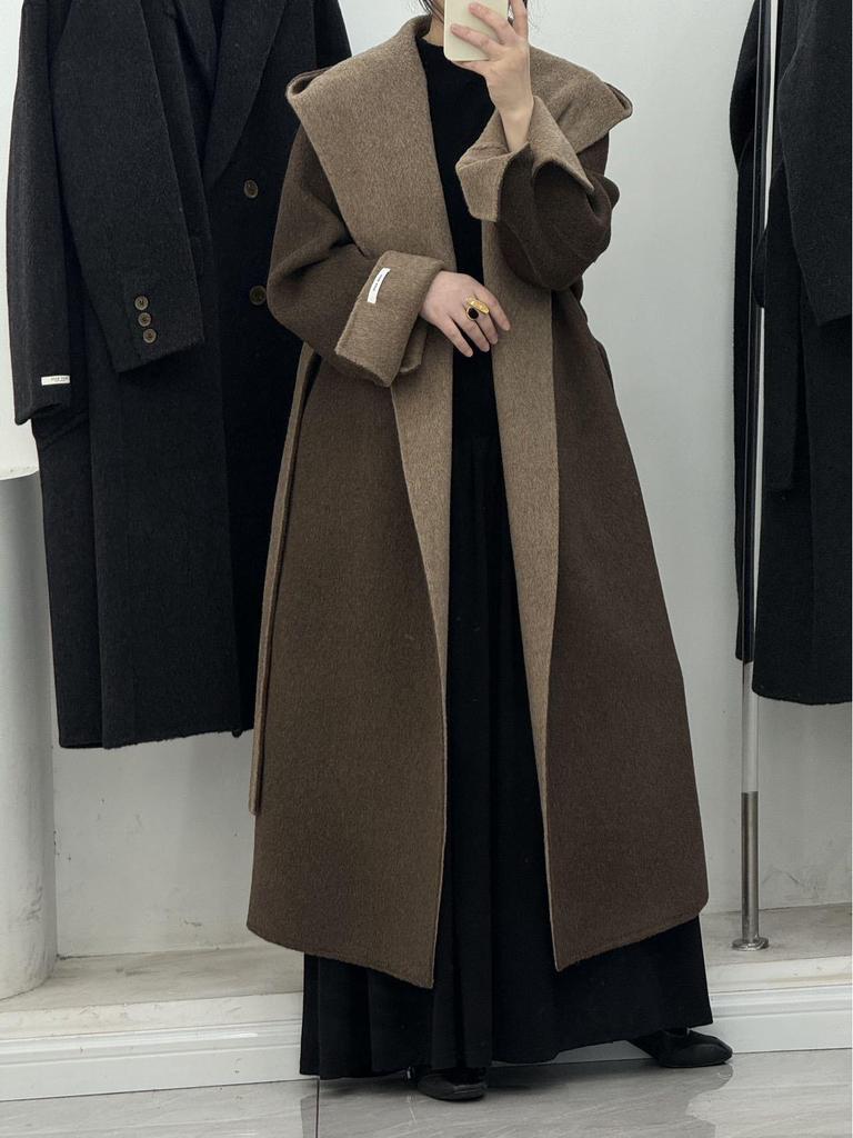 Cloud Floss Women's Double-Faced Wool Coat: Tie-Waist Hooded, Large Lapel, Loose Fit, Thickened Temperament Overcoat.