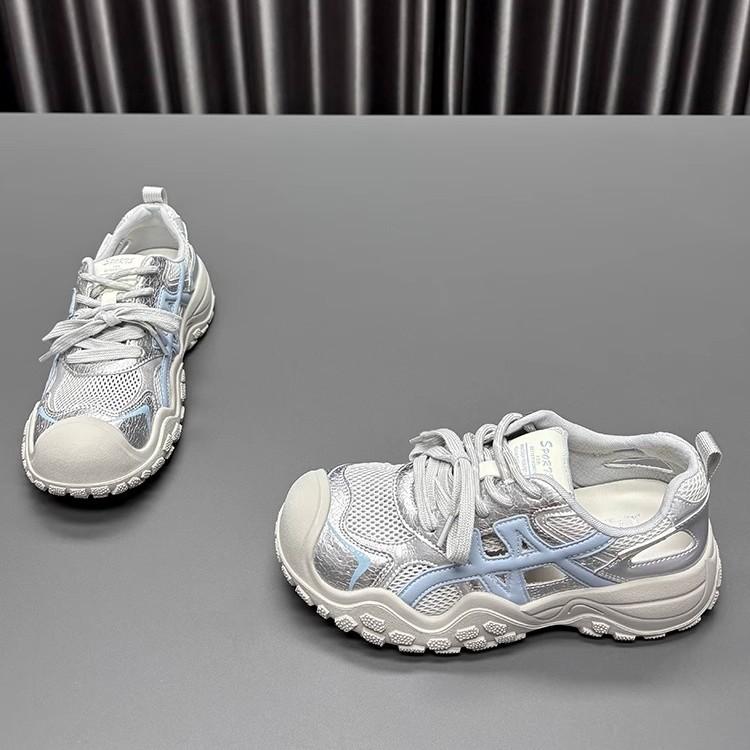Leather mesh ugly cute dad shoes girl 2025 summer new thick-soled hollow thin breathable casual sports shoes tide