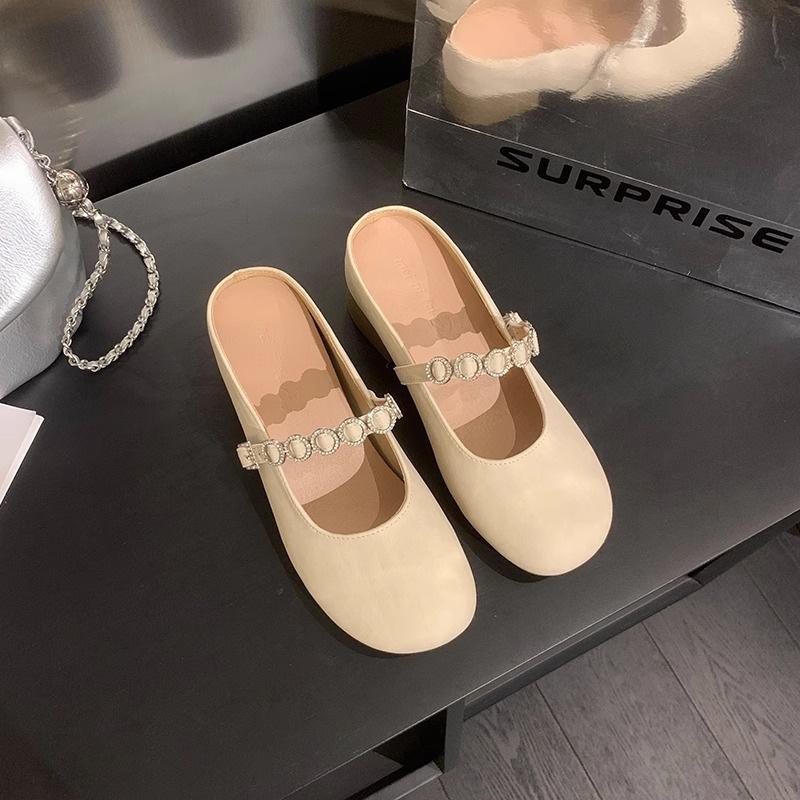 Summer wear sandals bag head shoes women's single shoes round head not tired feet rhinestone one pedal inner height increase half drag