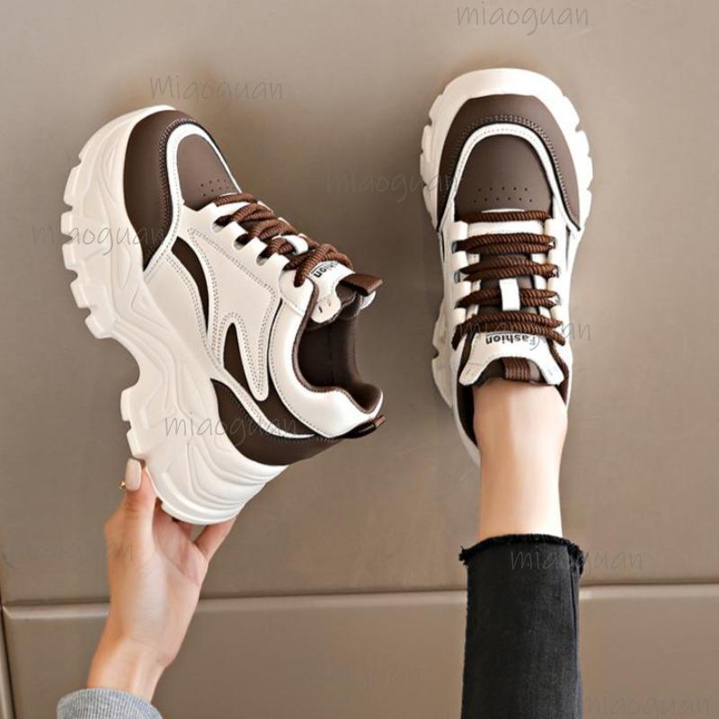 Chunky Sole Platform Sneakers Women's Lace-Up Thick Bottom Vulcanzied Shoes Female Pu Leather Non-Slip Sports Shoes Woman
