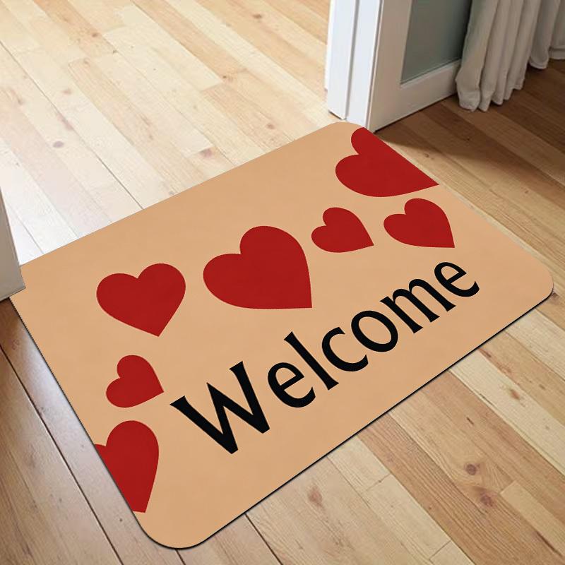 Red Heart Welcome Doormat Simple Beige Background with Red Hearts Print Non Slip Floor Mat for Romantic Home Decor
