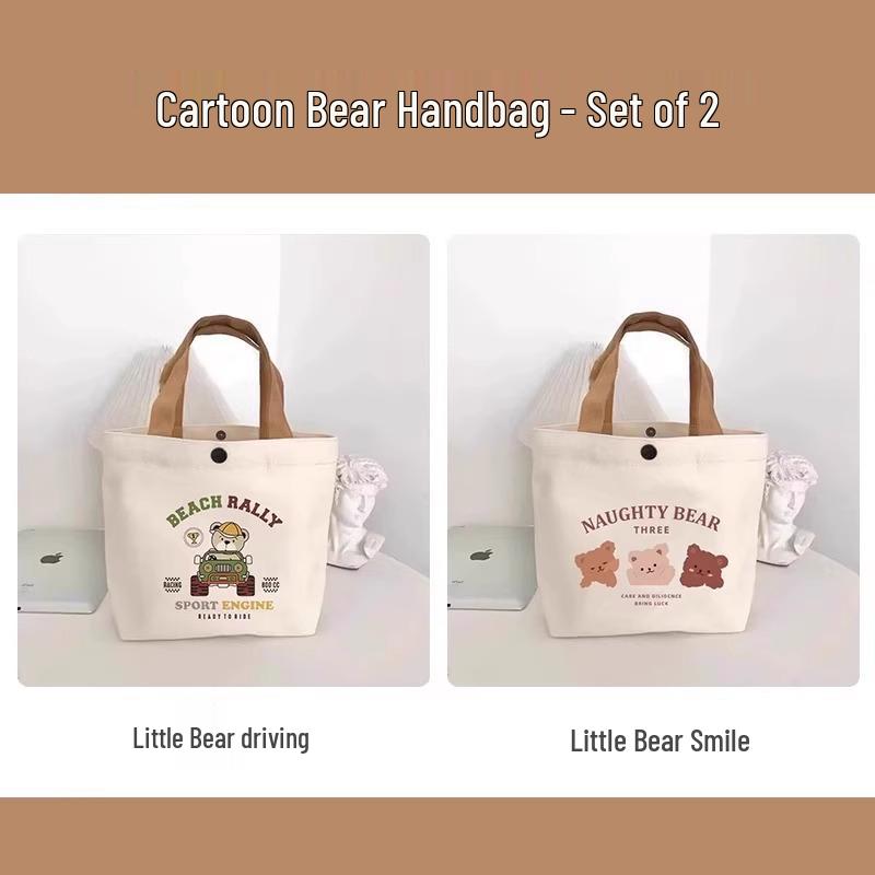 Bear Canvas Tote: Women's Versatile Printed Handbag, Portable Student Lunch and Work Bag.