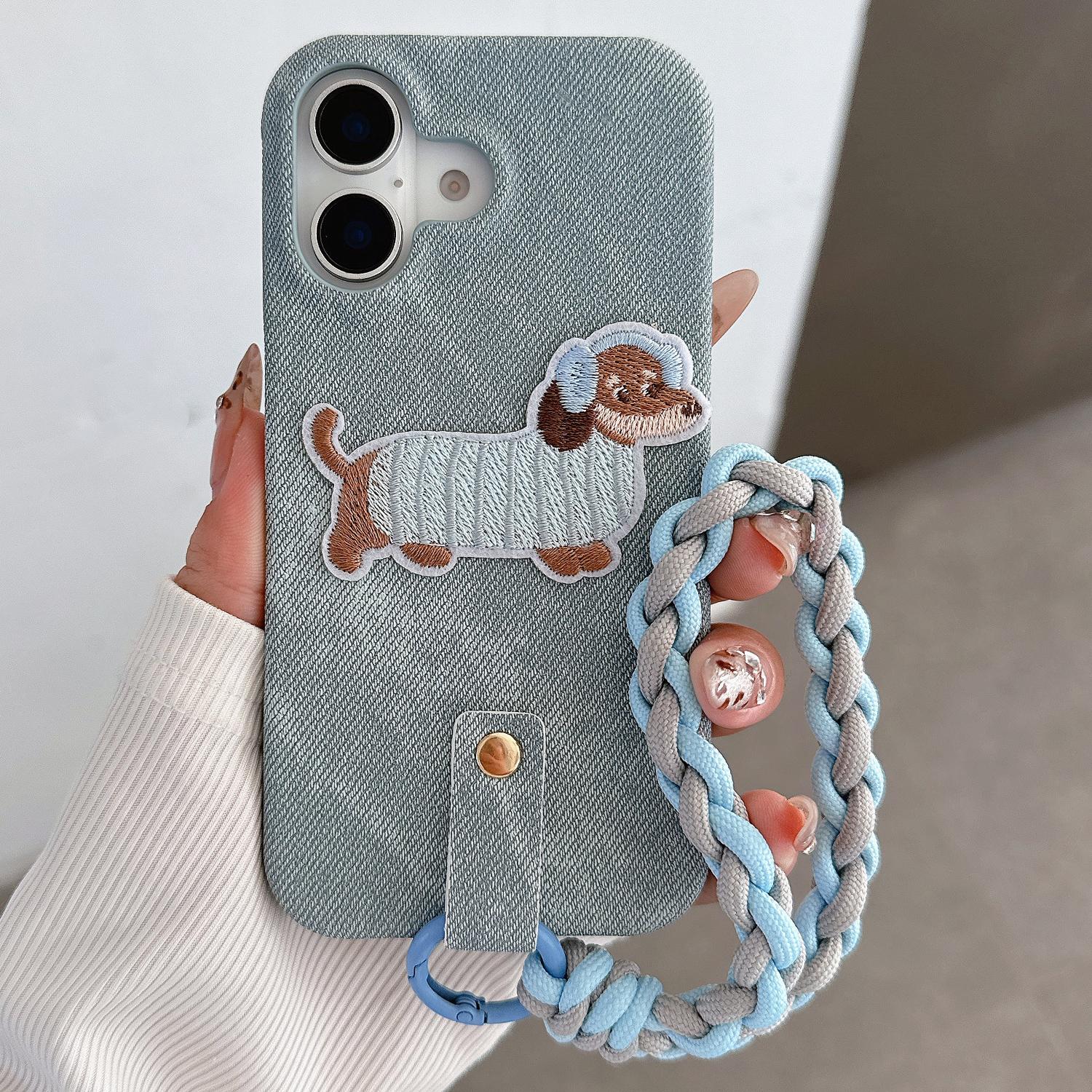 

For iPhone 16 Case Jean Cloth PU+PC Phone Back Cover with Braided Handy Strap, Dog Pattern - Baby Blue
