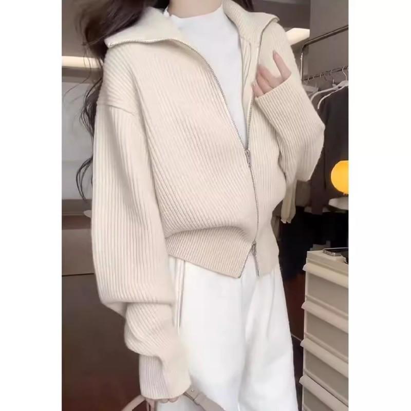 Womens Oversized Knit Cardigan With Zipper Collar Loose Fit Long Sleeve Sweater Jacket Winter