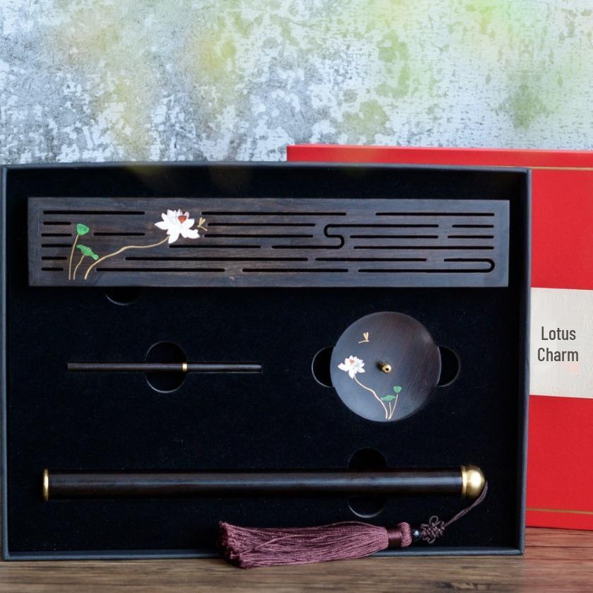Lotus Rhyme Purple Black Sandalwood Incense Holder Gift Set - Four-Piece Wooden Business Ceremony Souvenir.