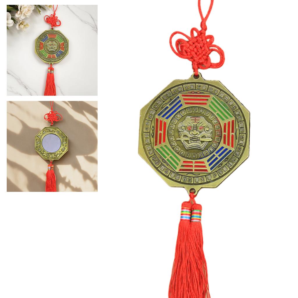 Fengshui Bagua Mirror Ornament for Home or Car Decors with Lion Biting Swords and Chinese Knots Tassels Pendant Charm