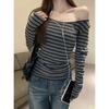 Contrasting color striped shoulder top women's spring slim-fitting off-the-shoulder Spice Girl style long-sleeved shirt with bottoming shirt