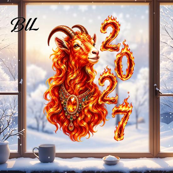 2027 New Year Decorations of Goat Window Cling, Lunar Zodiac Glass Sheep Decals Sticker, Flame Style Spring Festival Door Decor for Home Shop Festive
