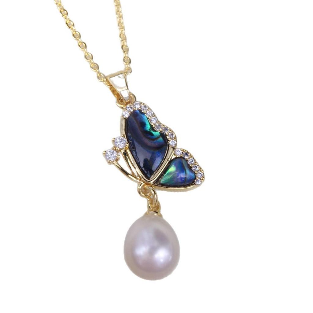 Natural Freshwater Pearl & Abalone Shell Butterfly Zircon Necklace for Women
